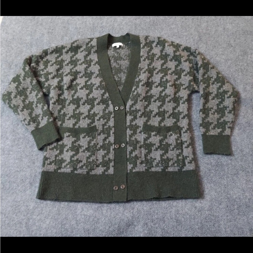 Madewell green and grey herringbone cardigan